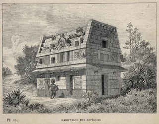 Habitation des Asteques (Azteques) (sommar av aztekerna) - gravyr från 1889 i "History of human habitation at the Universal Exhibition of 1889, by Mr Charles GARNIER - Librairie centrale des beaux-arts Paris 1889