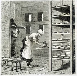 Haloir (eller torktumlare) för tillverkning av camembertost - i "" The wonders of the industry"" av Louis Figuier