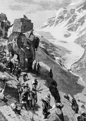 Hannibal korsar Alperna med elefanter för att anlända till Italien (II Punic War). Gravyr av 1800-talet.