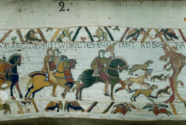 Harold, blivande kung av England, skickades av kung Edward Bekännaren för att informera Vilhelm Erövraren (1027-1087) att han skulle bli hans efterträdare till den engelska kronan. Den går till kusten av Detail Manche of Bayeux Tapestry eller Embroidery of