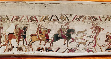 Harold skickas med sina män till Normandie av Edward the Confessor, Bayeux Tapestry (ullbroderi på linne)