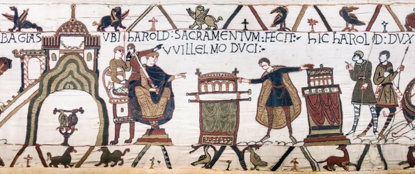Harold svär en helig ed till William i Bayeux, Bayeux Tapestry (ullbroderi på linne)