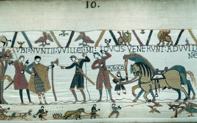 Harold, som kom för att informera hertigen av Normandie Vilhelm Erövraren (1027-1087) att han skulle bli efterträdare till Englands krona vid Edward Bekännarens död, togs till fånga av greve Guy de Ponthieu. Hertigen av Normandie skickade sändebud till