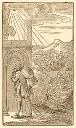 Den som kommer in måste först utan att stå och knacka på porten... från The Pilgrims Progress From This World, To That What Is To Come av John Bunyan (1628-1688) Pilgrimen når ingången till