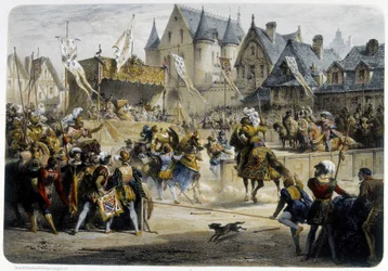 Henri II (1519 - 1559) sårades dödligt av Montgomery under turneringen den 29 juni 1559, rue St Antoine, framför Palais des Tournelles - litografi