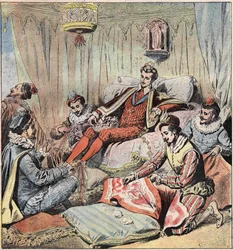 Henrik III (1551 - 1589) och hans sötnosar. Kungen (Henry III; 1551 - 1589) sitter baktill; har sina fötter Quelus och Maugiron flätade band; Schomberg gör en gobeläng... av O och Epernon tittar ut ur öppningarna, slutligen sitter Chicot på en av dörrvakte
