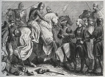 Henry III (Henry III Plantagenet av England) (1207-1272) fångas av Simon V av Montfort (ca 1208-1265) vid Lewes i Sussex 1264 - gravyr 1864