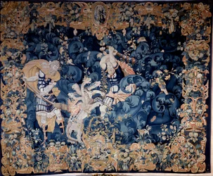 Hercules skjuter ner Hydran i Lerna som bränner hans tjänare Iolaus Tapestry ull och siden, anonym, sent 1500-tal. Titta, Renaissance National Museum.