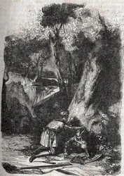 Hermonides välte och räddades av Zerbin - 1851 gravyr från "" Furious Roland"" (Orlando furioso) (1500-talet) av Ludovico Ariosto, känd som Ariosta - Upplaga översatt från italienska av greven av Tressan och publicerad av Gustave Harvard 1851