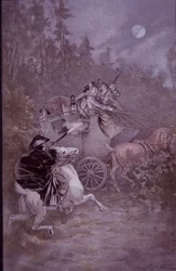 Highwayman håller upp diligens i början av 1800-talet (färg litho)
