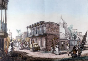Hinduiska byggnader: gata i staden Calcutta (Kolkata), Indien.