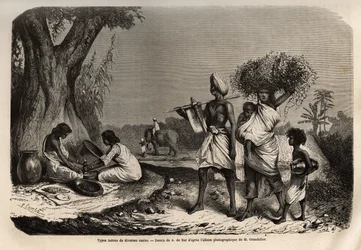 Hindutyper av olika kaster, en familj av vaysia (handlare), vid foten av trädet, två kvinnor från sudras-kasten