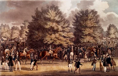 Hippism: förberedelserna inför loppet i Epsem, England. Litografi av 1836 Privat samling