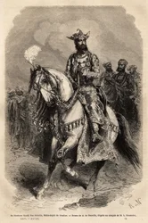 Hans höghet Syadji Rao Scindia (1846-1886), Maharajah av Gwalior (nuvarande Madhya Pradesh). Gravyr för att illustrera Rajahernas Indien, av Louis Rousselet, 1864-1868, publicerad i "" Le tour du monde""" 1872, redigerad av Edouard Charton, Hachette edi