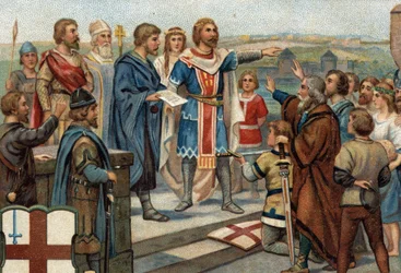 Historiska episoder av kända städer: Alfred den store (849-899) återlämnar London till sina tidigare invånare (886), "Freden för Alfred och Guthrum" markerade anglosaxarnas seger mot danskarna (= viking). Kromolitografi av 1800-talet.