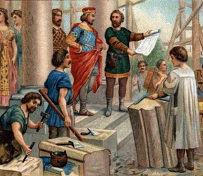 Historiska episoder av kända städer: Clovis elit Paris som permanent bostad (år 508). Kromolitografi av 1800-talet.