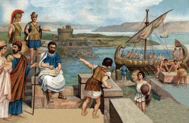 Historiska episoder av kända städer: Megareanerna (folket i Megar, grekiska staden Attika) grundade Bysans (667 f.Kr.) på den västra stranden av den kimmerska Bosporen, där den thrakiska fästningen Byzas låg. Kromolitografi av 1800-talet.