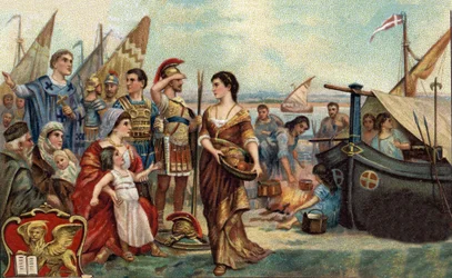 Historiska episoder av berömda städer: Veneter jagade av hunnerna ockuperar lagunerna (år 452). Det är grunden för Venedig - Barbarian Invasions - Chromolithography av 1800-talet.