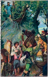 Historia om Guillaume Tell (William Tell) (legendariska hjältar från schweizisk självständighet): Gesslers död. Kromolitografi från slutet av 1800-talet.