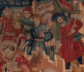Historia om Saint Piat och Saint Eleuthère, scen 5 detalj. Övre till höger. Murare.