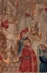 Historia om Saint Piat och Saint Eleuthère, scen 6 Detalj mitt. Dopscen, människor som hjälper till.