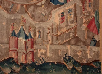 Historia om Saint Piat och Saint Eleuthère, scen 6 Detalj till höger längst ner. Stadens befästningsmurar.