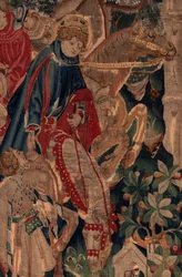 Historia om Saint Piat och Saint Eleuthère, scen 8, detaljcentrum. Ryttare.