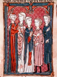 Den kanoniska lagens historia: "" förlovningsscenen""" Miniatyr hämtad från "" Decret de Gratien"" ("Concordia discordantium canonum" eller "Decretum Gratiani") från 1140 och reglerar den romersk-katolska kyrkans lagar och kanoner. 1200-talets Laon, Mun