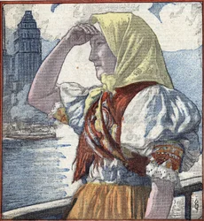 Invandringens historia i Amerika: en ung invandrarkvinna anländer till Ellis Island med New York i bakgrunden Illustration från "Le Pelerin" 15 april 1934 Privat samling