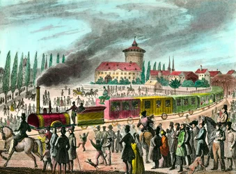 Kollektivtrafikens historia: järnväg mellan Paris och Versailles. Gravyr av 1800-talet. Privat samling