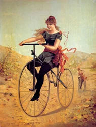 Cykelns historia: velocipedist eller en kvinna pedal på en cykel. Tryck från 1800-talet