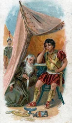 Historien om Achilles, legendariska hjältar från det trojanska kriget: den gamle vise mannen Nestor övertygar Patrocles, Achilles vän, att ersätta honom för att slåss mot staden Troja. Kromolitografi från 1890.