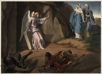 Heliga kvinnor besöker Kristus vid graven. Anonym gravyr från 1800-talet.