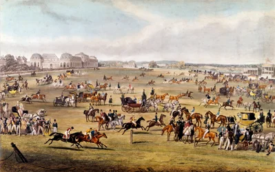 Hästkapplöpning i Chantilly under beskydd av hertigen av Orleans Gravyr från 1841. Privat samling