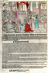 Sjukhus på 1500-talet: Avlatsbrev (Till höger: en sjukhusscen. Agauche: döende och död). Gravyr av 1500-talet. Privat samling.
