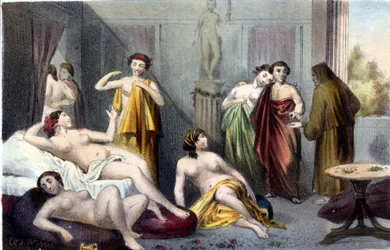Hus i antikens Grekland. 1800-tals sd gravyr.