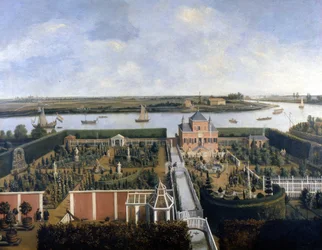 Hus på stranden av en flod. 1600-talsillustration. Historiska museet i Amsterdam