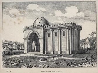 Housing Persians - gravyr från 1889 i "History of human habitation at the Universal Exhibition of 1889, by Mr Charles GARNIER - Librairie centrale des beaux-arts Paris 1889