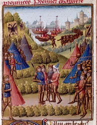 Hur romarna överger provinserna i sitt imperium Miniatyr från "" romersk historia"" (Ad urbe condita) av Tite Live (59 f.Kr.-17 e.Kr.) (Titus Livius), översatt av Pierre Bressuire (ms. 310) 1450-1500 Chantilly, Musee Conde
