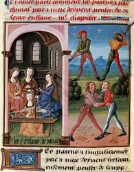 Hur föräldrar ska tänka på sina barn; Octavianus barn lärde sig ridderlighet och ullarbeten"" Miniatyr hämtad från ""Le livre de bonnes moreurs de Jacques Legrand"""