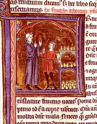 Hur man lagrar päron Miniatyr från manuskriptet "Speculum historiale"" (Le Mirror historial) av Vincent de Beauvais (1184/94-1264) Laon från 1200-talet, kommunalt bibliotek