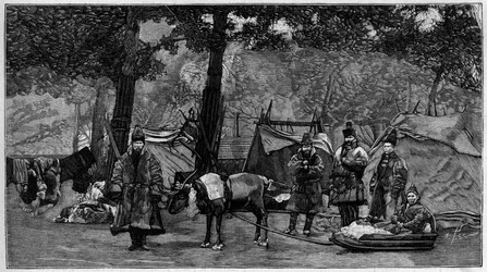 Human Zoo: Lappläger i Paris acklimatiseringsträdgård. Gravyr i "" Nature. Granskning av vetenskap och dess tillämpningar på konst och industri.