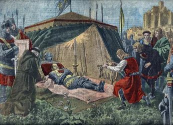 Hundraårskriget: "La mort de Bernard du Guesclin (1320-1380) devant Chateauneuf de Randon le 13/07/1380" - Duguesclins död (under belägringen av Chateauneuf-de-Randon den 13 juli 1380) - Illutration från "Le pelerin" 7 augusti 1921 Privat