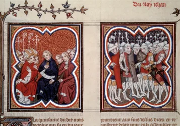 Hundraårskrig: "Till vänster den blivande delfinen Karl V den vise (1338-1380) (regent vid denna tid) och generalstaternas rådmän beordrade befrielsen av hans far Johannes II efter slaget vid Poitiers 1356, han var omgiven av Etien