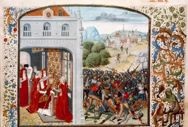 Hundraåriga krig: ”” Påven Gregoire XI (1329-1378) krönte Avignon 1370. Slaget vid Pontvallain mellan franska och engelska den 4/12/1370”” Miniatyr från ”Chronicles”” av Jean Froissart (1337-1400) 1400-talets Paris. B.N.