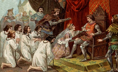 Hundraåriga krig. Borgerskapet i Calais: förtäring av Eustache av St. Peter och hans följeslagare till kung Edward III av England ber om deras nåd, med stöd av drottning Philippa av Hainaut (1311-1369). Kromolitografi från slutet av 1800-talet.