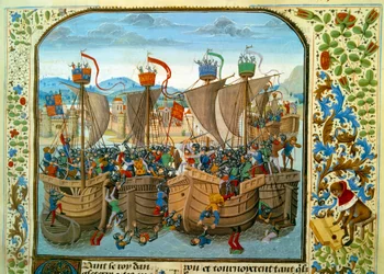 Hundraåriga kriget: "" Sjöslaget vid Ecluse, Sluis (Nederländerna) den 20/06/1340 som ställde fransmannen Philippe VI av Valois emot engelsmännen av Edward III"" Miniatyr tagen från "Chronicles"" av Jean Froissart (1337-1400) 1400-talet. Paris. B.N