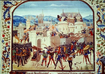 Hundraåriga kriget: väskan från staden Aubenton i Picardie av greve Jean de Hainaut 1340. Miniatyr från "Krönikor" av Jean Froissart (1337-1400) Paris. B.N.