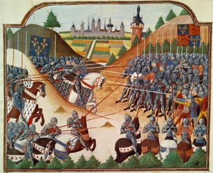 Hundraåriga kriget: slaget vid Formigny (Calvados) den 15/04/1450 mellan den engelska armén av Thomas Kyriell och Jean de Clermont. Miniatyr belyst från manuskriptet "" Vigiles du roi Charles VII"" i Jean Chartiers krönikor, redigerad av Mar