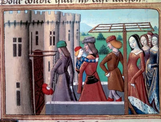 Hundraårskrig: delfinen och den blivande kungen Karl VII återvänder till Paris efter att ha flytt till Bourges vid tiden för inbördeskriget mellan Armagnacs och burgunder den 29/05/1418, juni 1418. Miniatyr från "" Vigilles du roi Charles VII ”” av Martial